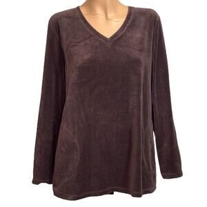 Retro 90s Y2k Velour Pullover Top XL V-Neck Chocolate Brown Loungewear Street